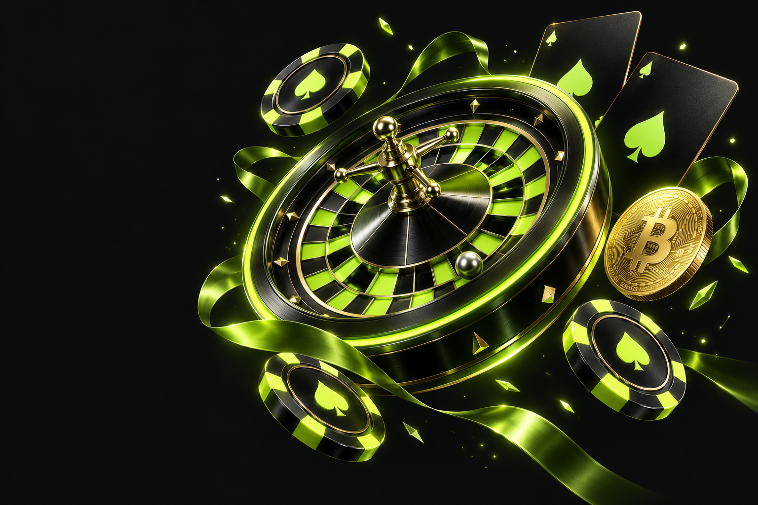 Black and lime casino chips, a roulette wheel, and gold crypto coins